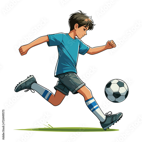 Happy cute little boy playing soccer football game in action cartoon vector illustration, kid player kicking ball design template isolated on white background