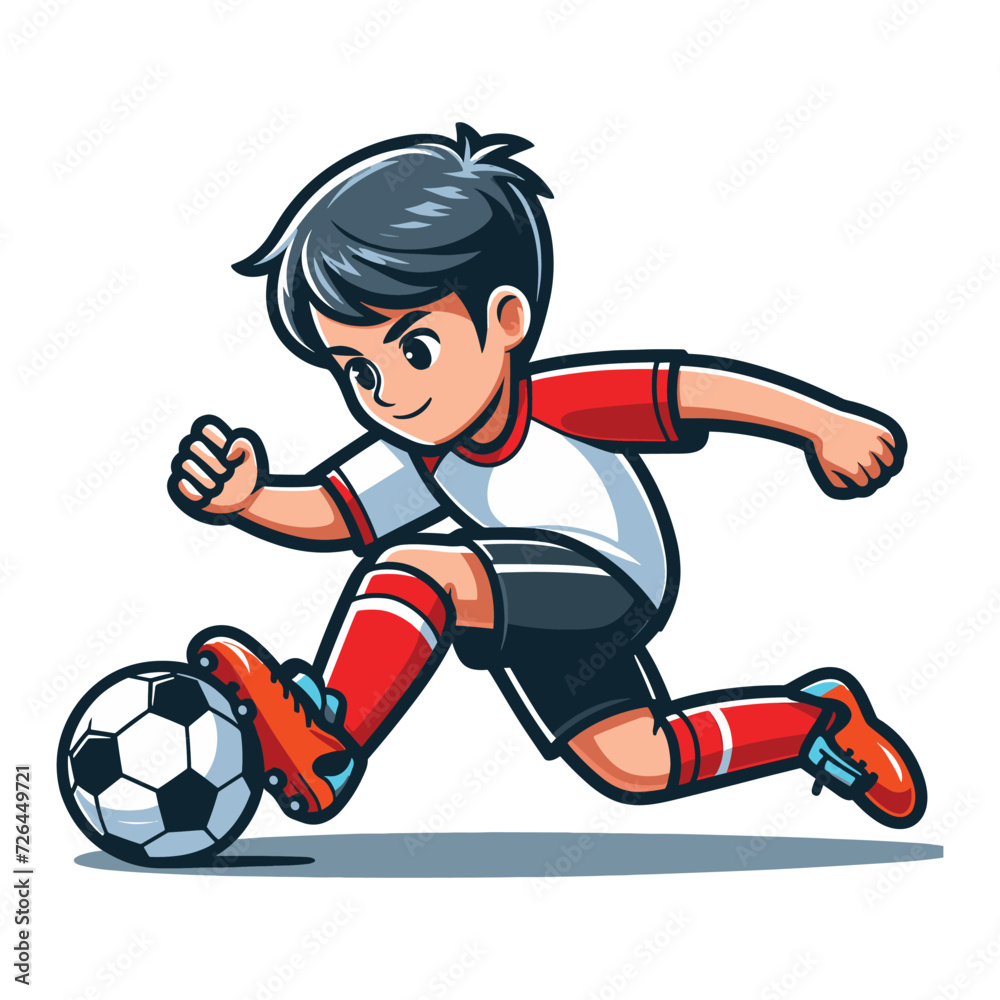 Happy cute little boy playing soccer football game in action cartoon vector illustration, kid player kicking ball design template isolated on white background