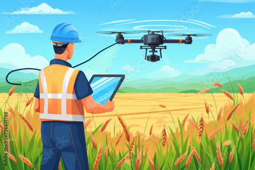 Drone smart agriculture farmer use tablet controlling drone to spray chemical to wheat field. 
