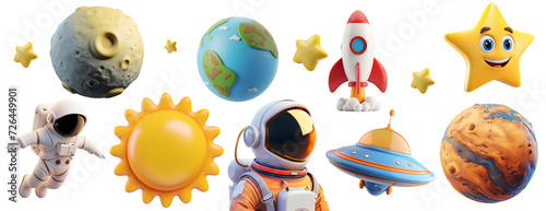 Set of Glossy Cute Children Objects in Minimal Style: 3D Realistic Cartoon Space Elements - Rocket, UFO, Astronaut, Star, Planet, Sun, Earth, Moon, Isolated on Transparent Background, PNG