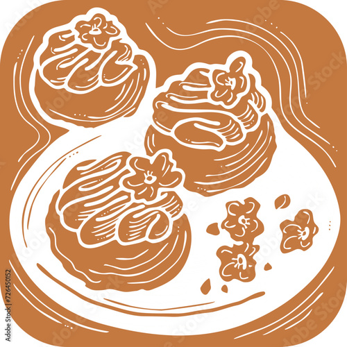 Sweet dessert cake with fruits for celebration birthday party or wedding, tasty breakfast. For cafe, restaurant menu print, postcard or poster. Hand drawn illustration. Cartoon style line art drawing.