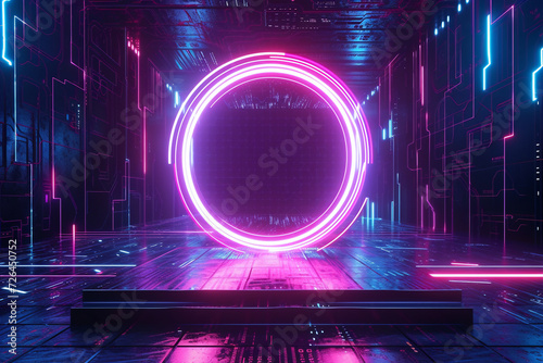 Futuristic Neon Hologram Podium. Virtual Interface Technology Concept