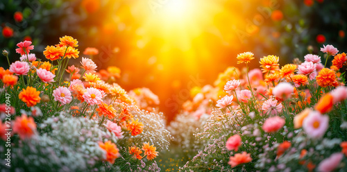 Beautiful garden of orange and pink flowers basking in the warm sunlight with a bright sunflare in the background