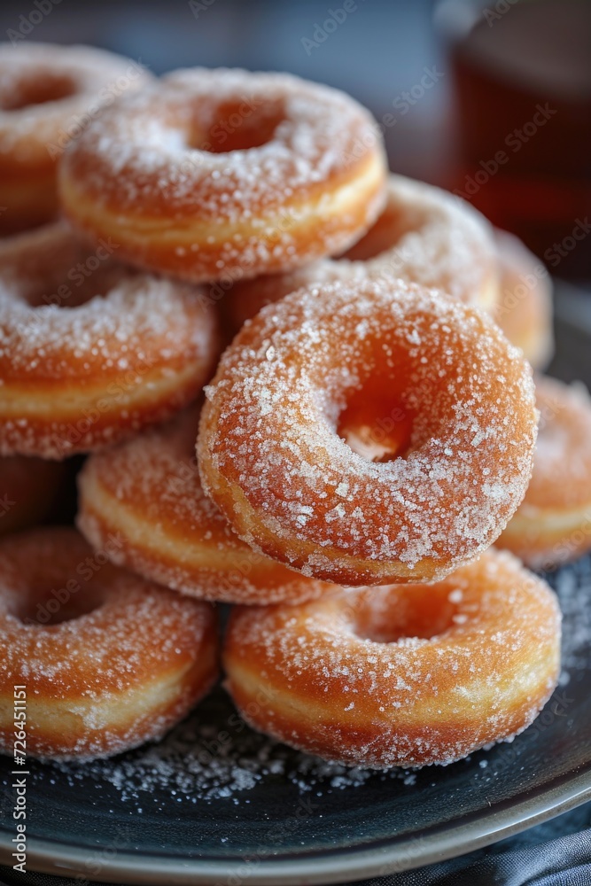 A pile of sugar-covered donuts on a plate. Ideal for bakery advertisements or sweet treat concepts