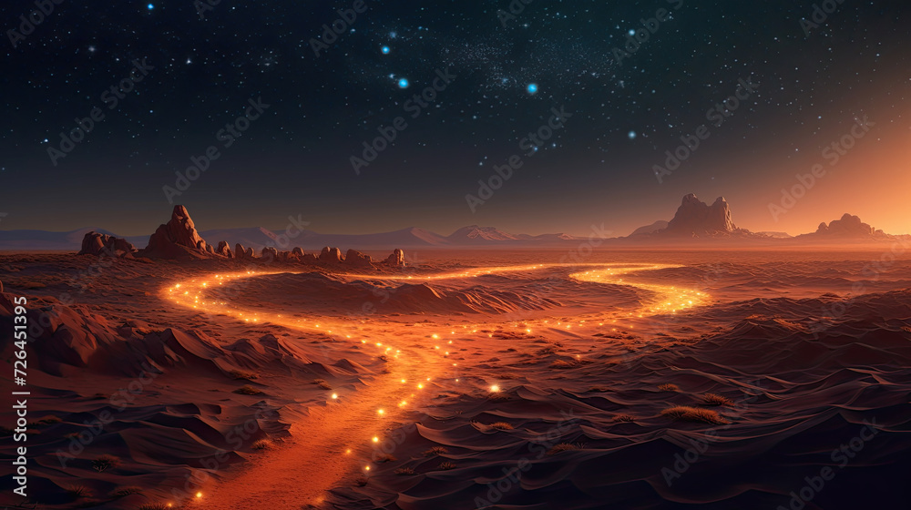 Starry Night Over an Illuminated Desert Road - Generative AI