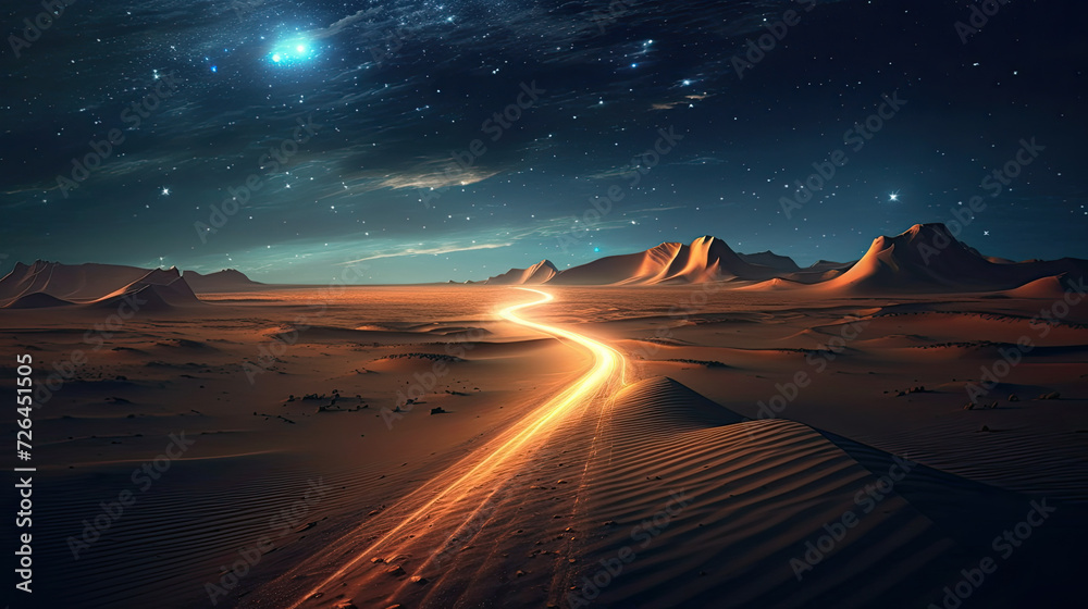 Illuminated Desert Landscape Under Starlit Night - Generative AI
