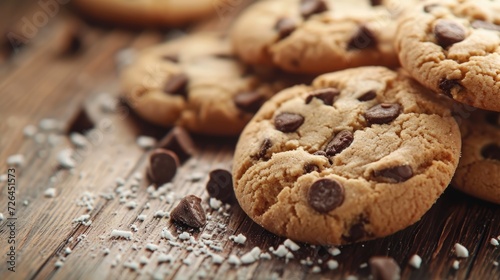 Close up of freshly baked tasty chocolate chip cookies on wooden desk