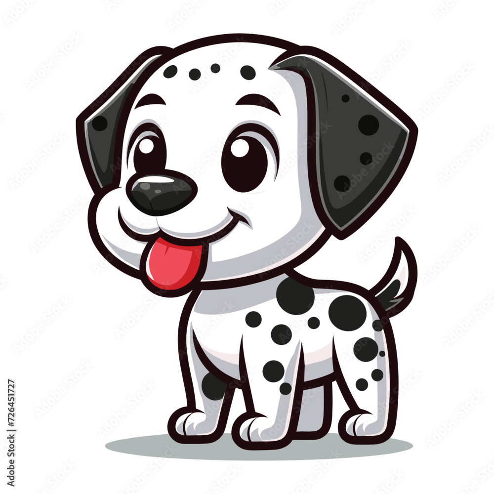 Fototapeta premium Cute adorable dalmatian dog cartoon character vector illustration, funny pet animal dalmatian puppy flat design mascot logo template isolated on white background
