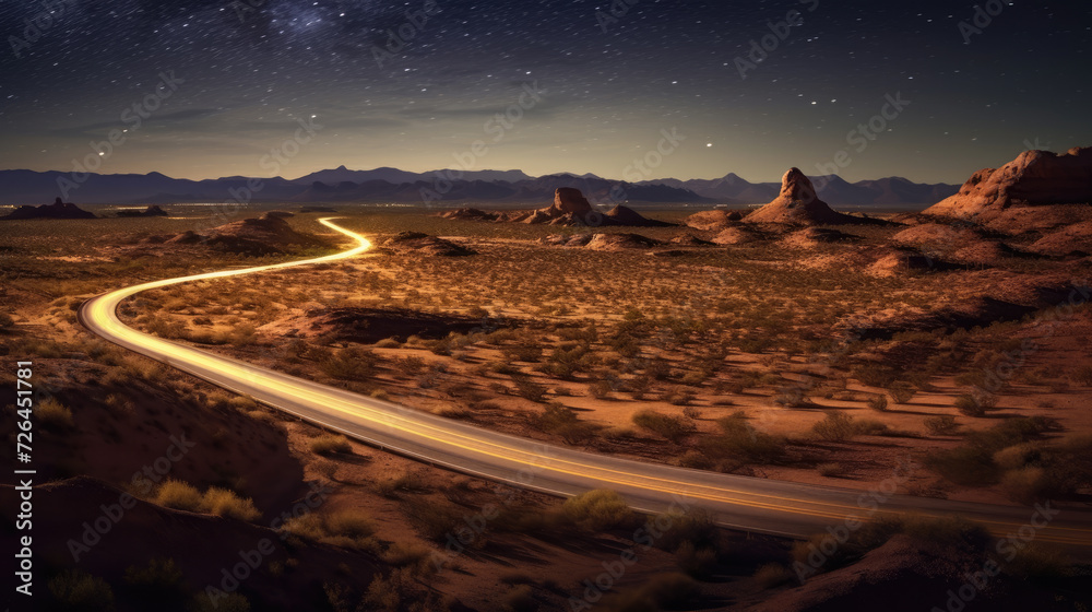 Winding Road Illuminated Through Desert Night - Generative AI