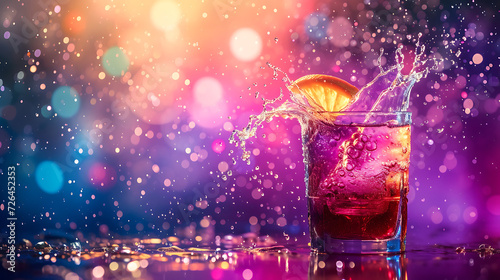 colorful splashing drink at bright vivid multicolored background, in style of dark purple, blue and pink,