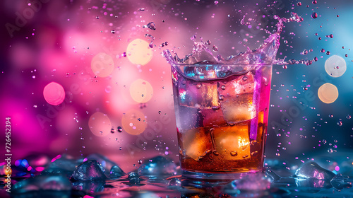 colorful splashing drink at bright vivid multicolored background, in style of dark purple, blue and pink,
