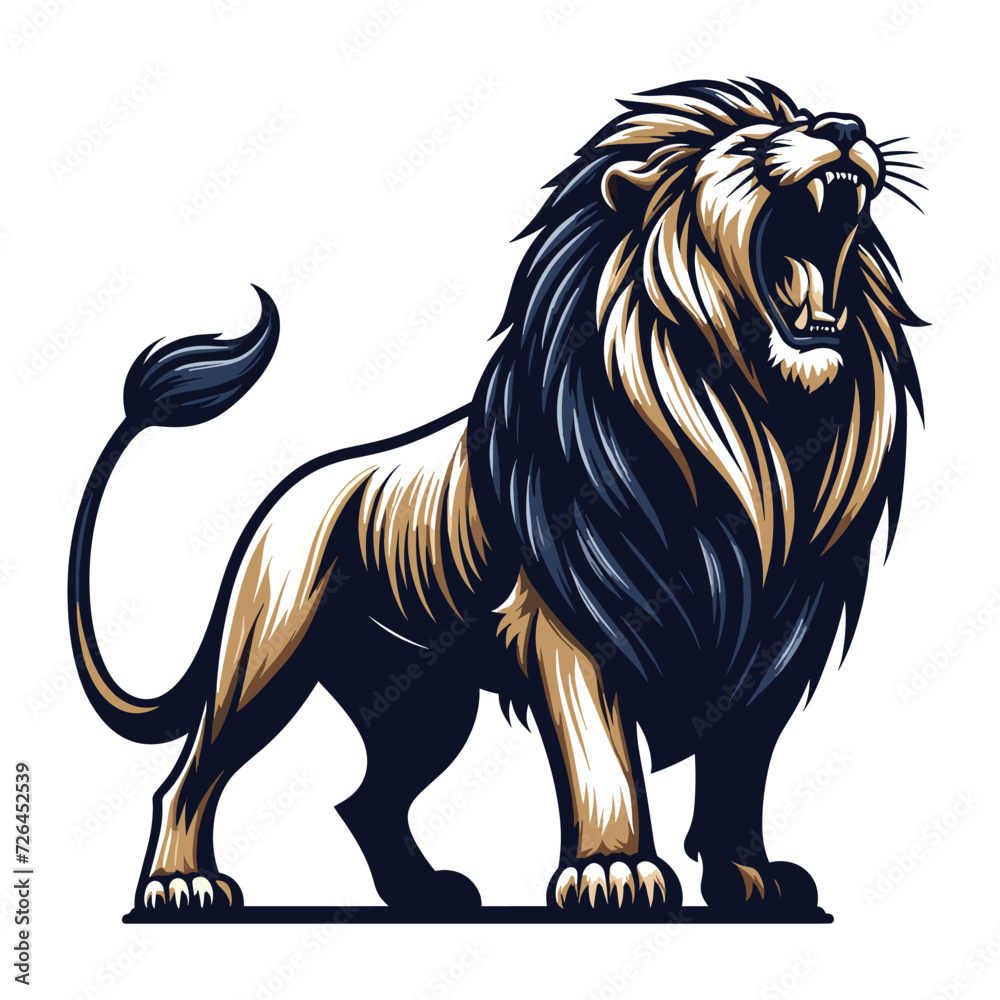 Wild roaring lion full body vector illustration, zoology illustration, majestic predator safari animal big cat design template isolated on white background Wild roaring lion full body vector illustration, zoology illustration, majestic predator safari animal big cat design template isolated on white background
