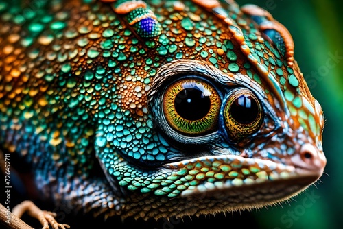 A detailed macro shot of a chameleon s eye   the intricate patterns and vibrant colors of its iris.