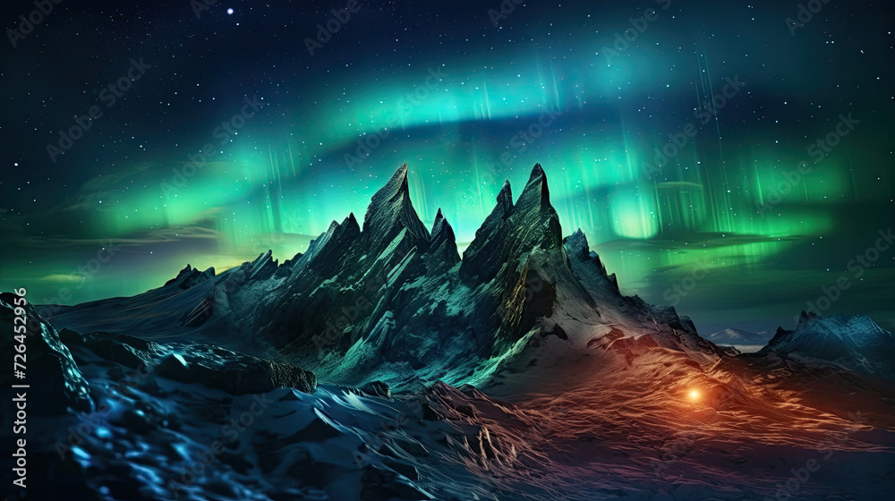 Northern Lights over Snowy Mountain Peaks - Generative AI - obrazy, fototapety, plakaty 