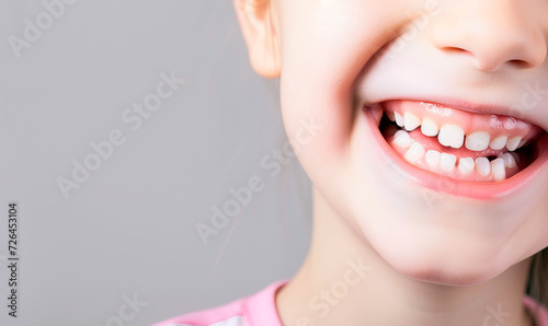 Close up of beautiful little girl smile with white teeth over plane background. Header image with empty space for text. photo