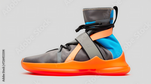 A sneaker in futuristic style in dark grey, neon blue and orange