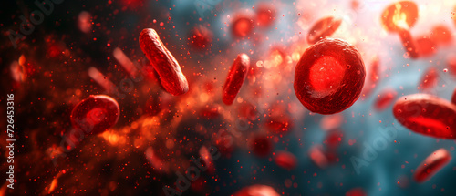 3D illustration of human red cells flowing in blood vessels. Macro view.