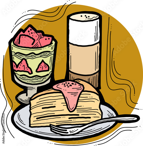 Sweet dessert cake with fruits for celebration birthday party or wedding, tasty breakfast. For cafe, restaurant menu print, postcard or poster. Hand drawn illustration. Cartoon style line art drawing.