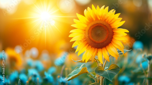 sunflower stands in focus against a field of blue flowers  with the sun shining brightly in the background