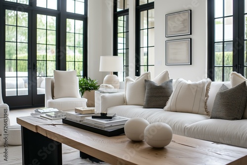 living room with white walls and black French windows wooden coffee table