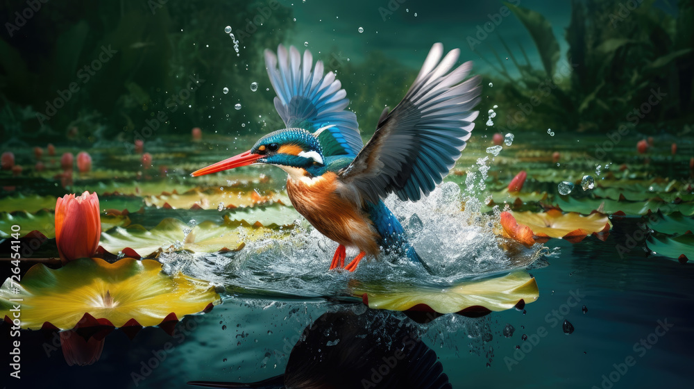 Vibrant Kingfisher Bird Taking Flight Over a Pond - Generative AI