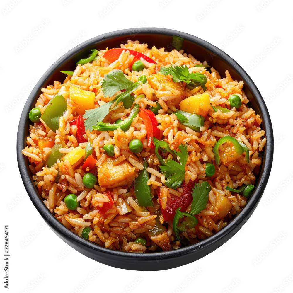 Vegan fried rice, Top view. Isolated on Transparent background