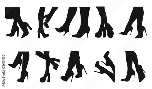 Set black silhouette of female legs in a pose. Shoes stilettos, high heels. Walking, standing, running, jumping, dance photo