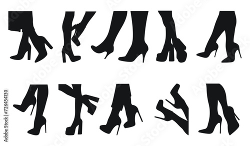 Set black silhouette of female legs in a pose. Shoes stilettos, high heels. Walking, standing, running, jumping, dance