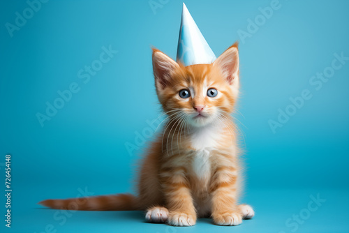 Adorable ginger tabby kitten in a blue party hat on a Blue background