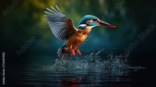 Vibrant Kingfisher Bird Taking Flight Over a Pond - Generative AI
