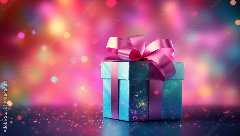 gift box with ribbon and bow on abstract glitter confetti bokeh background