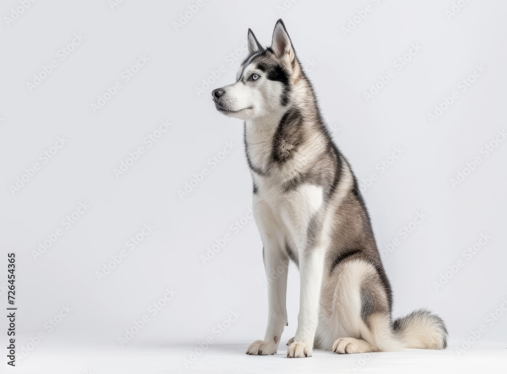 Majestic Siberian Husky with thick hair, sitting in profile on a white background.
