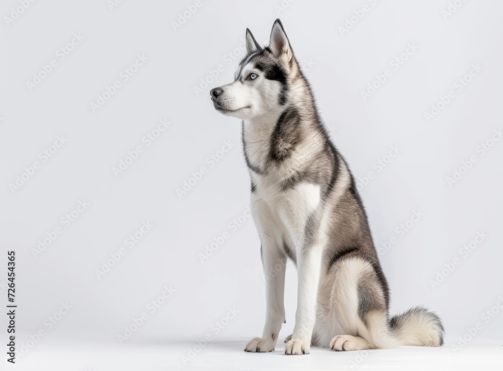 Majestic Siberian Husky with thick hair, sitting in profile on a white background. Majestic Siberian Husky with thick hair, sitting in profile on a white background.