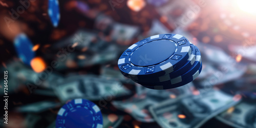 Dynamic cascade of casino chips and dollar bills in a freeze-frame moment, symbolizing the exhilarating rush of a winning bet in a high stakes game.