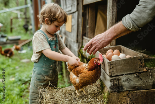 Children bring eggs from the hen's nest in the henhouse and hand them into their father's hand in a country house in the yard. photo