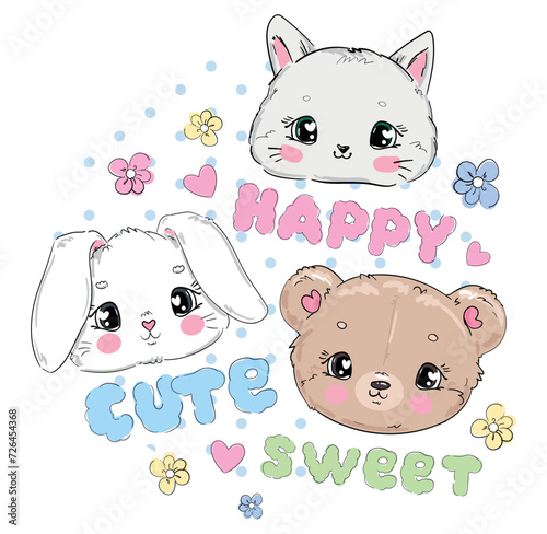 Hand Drawn Bear and Rabbit and Cat vector illustration. Sketch print design beautiful cute animals for baby background. For newborns design elements Bunny, Teddy Bear Cat.