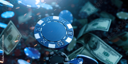 Dynamic cascade of casino chips and dollar bills in a freeze-frame moment, symbolizing the exhilarating rush of a winning bet in a high stakes game.