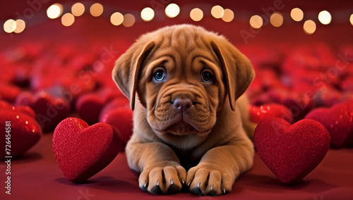 Adorable puppy surounded by hearts on abstract glitter bokeh background. A postcard with cute puppy for valentines. photo