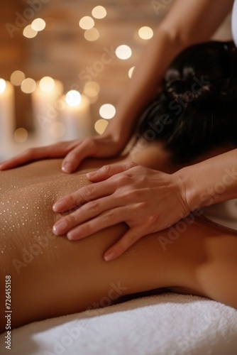 Woman receiving a relaxing back massage at a spa. Perfect for promoting wellness and self-care.