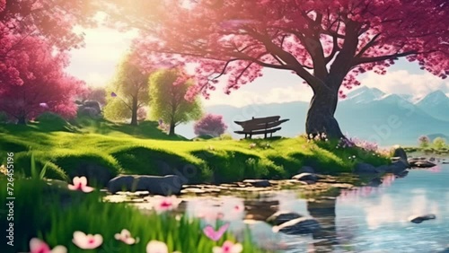 Beautiful spring nature landscape and cherry blossom tree animated background in Japanese anime style. seamless looping video animated background