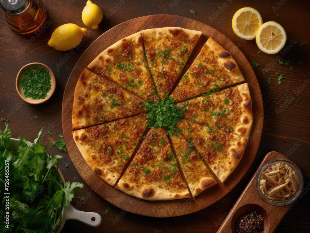 Minced Mince Flatbread with Sliced Fresh Herbs Served with Lemon on a Wooden Table - Generative AI