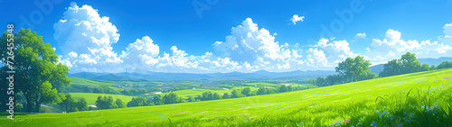 Panoramic view of a vibrant, lush green field extending into rolling hills under a clear blue sky dotted with fluffy white clouds. Distant mountains add to the scenic beauty.