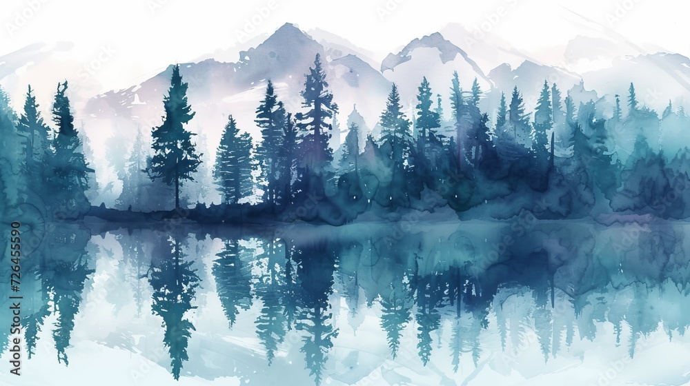 Vector reflection of beautiful pine trees in lake watercolor. - obrazy, fototapety, plakaty 