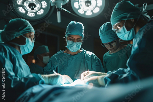 group of veterinarian surgery in operation room take with art lighting and blue filter