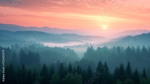 Sunrise landscape with misty forest, distant mountains and sunrise sky #726455570