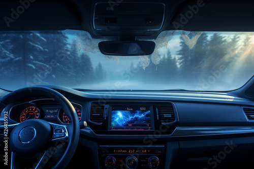 Modern car interior. View from the driver's seat. 3d rendering