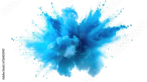 A vibrant blue powder cloud captured on a clean white background. Perfect for adding a splash of color and energy to various projects