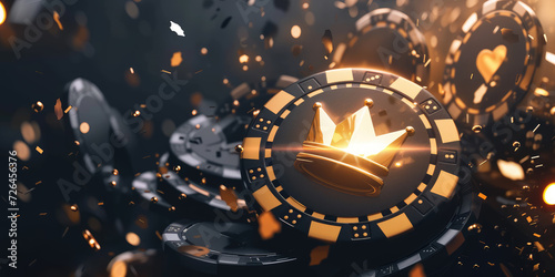 An image featuring a cascade of golden poker chips with a regal crown design, against a dark backdrop with dynamic sparks and bokeh effects photo