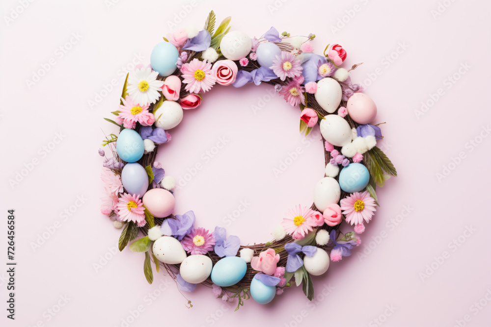 Decorative Easter wreath with eggs and flowers on pink background