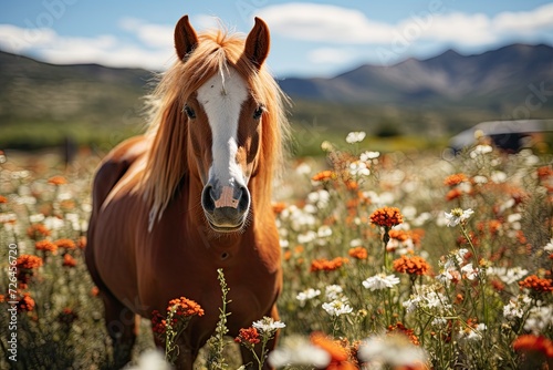 Horse in the meadow among green grass and flowers.